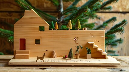 A pine board with a house toy and an outline chart with steps