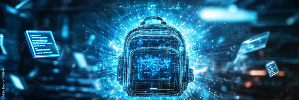 Poster a futuristic backpack icon emitting digital rays, with floating online learning tools, symbolizing e