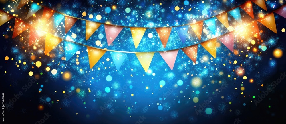 Poster vibrant festive backdrop with colorful bunting lights and sparkling bokeh for celebrations and speci