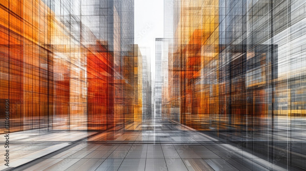 Poster Abstract digital architecture with multiexposure technique showcasing big data themes in urban environments and modern office buildings.