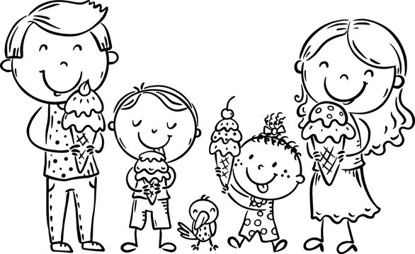 Hand drawn cartoon family eating ice cream, outline isolated characters, black and white flat vector illustration