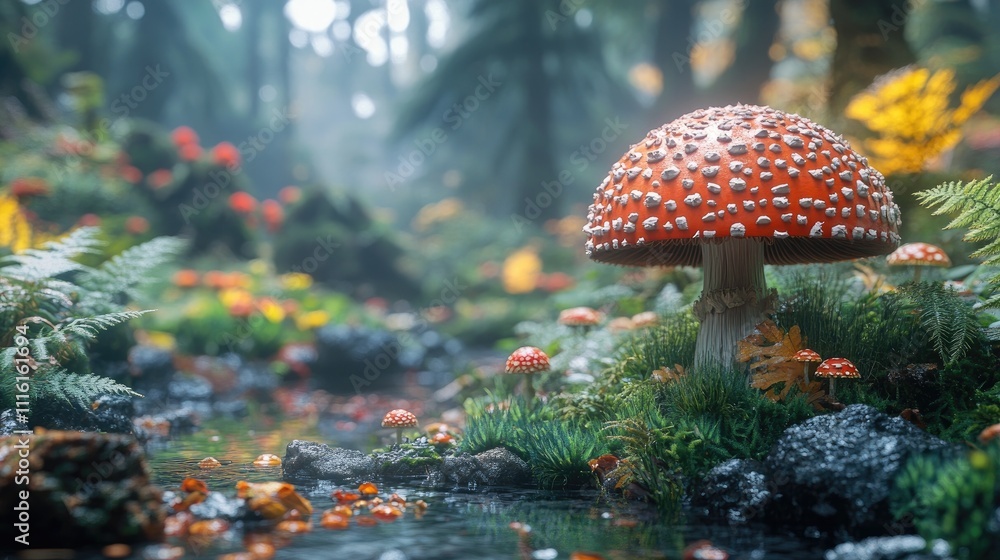 Aufkleber close up view of vibrant mushroom in a lush forest environment surrounded by ferns and colorful flor