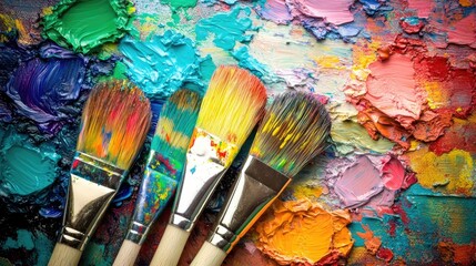 Fototapeta premium Colorful paintbrushes arranged on a vibrant textured palette with various paint colors against a rustic wooden background.