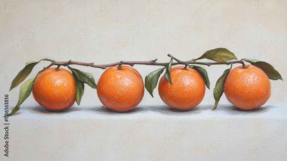 Poster fresh seedless tangerines on a branch with green leaves displayed against a simple white background 