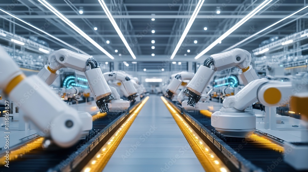 Poster a fully automated factory where robots and machines handle all production processes.