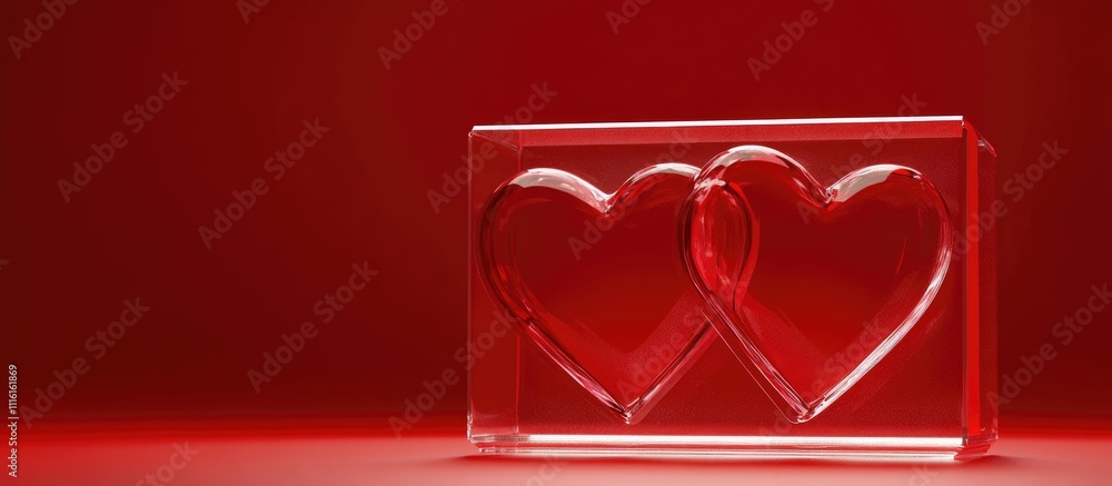 Poster transparent heart-shaped box filled with colorful candy on red background symbolizing love and affec