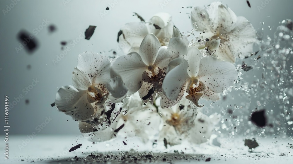 Poster close up of delicate white orchids in an artistic explosion with particles against a soft gray backg