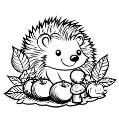 Obraz premium Coloring book for kids with a hedgehog and apples. Sheet for printing.