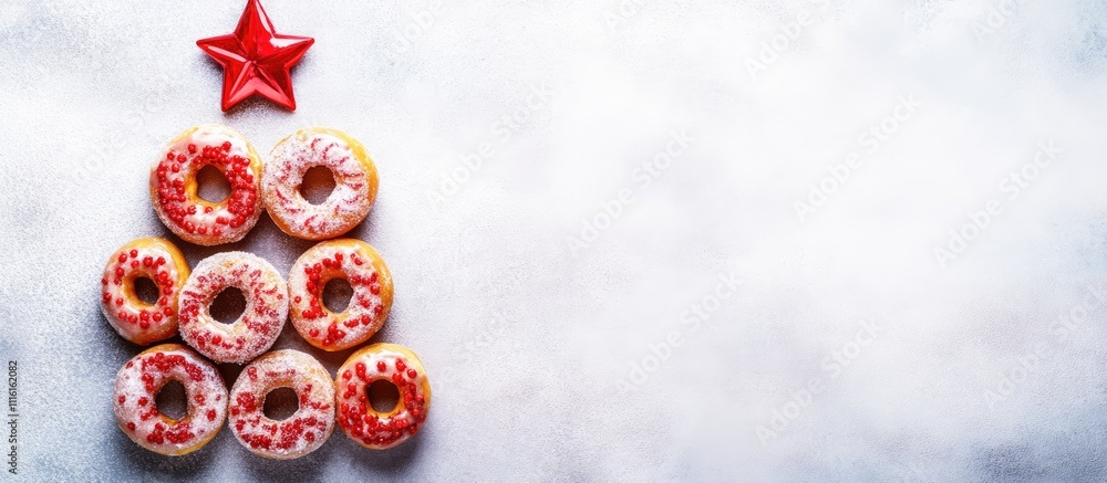 Poster christmas tree made of colorful donuts arranged in a festive design with a star decoration on a ligh
