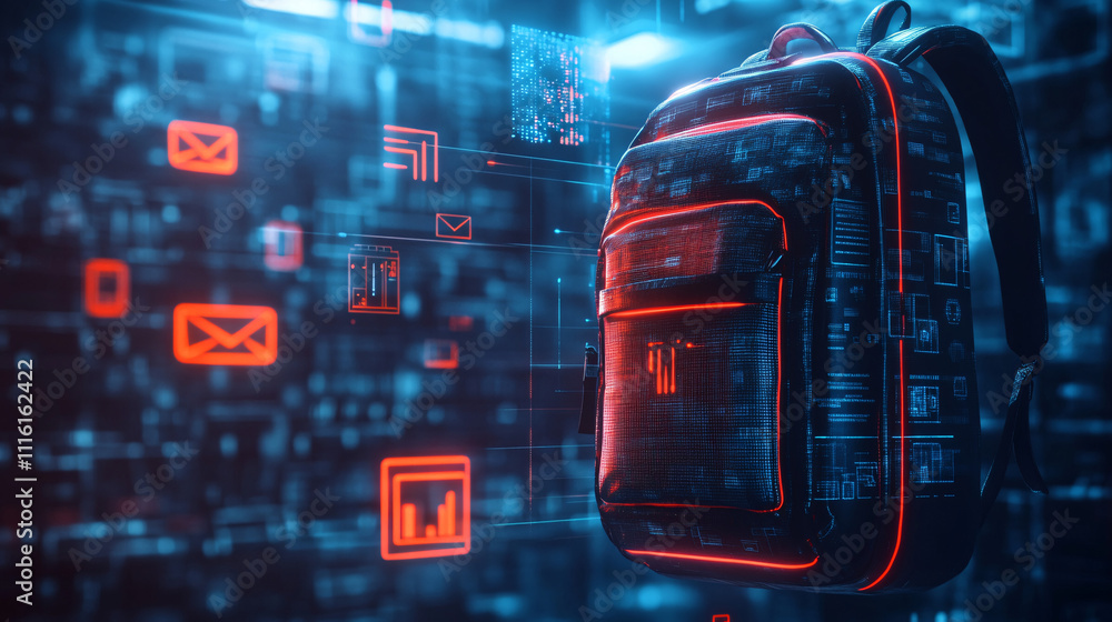 Aufkleber a futuristic backpack icon emitting digital rays, with floating online learning tools, symbolizing e