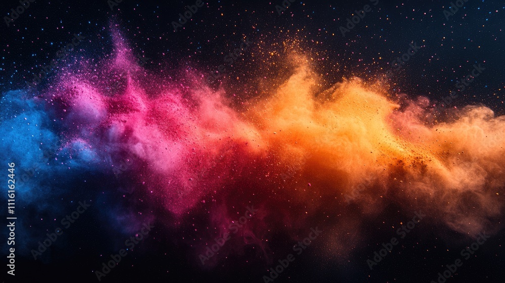 Poster Colorful powder explosion creating an abstract textured background with vibrant hues against a dark backdrop for artistic and design use.