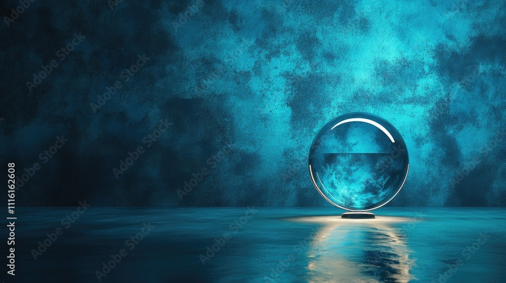 Poster transparent glass sphere reflecting light on a textured blue background creating an ethereal and mod