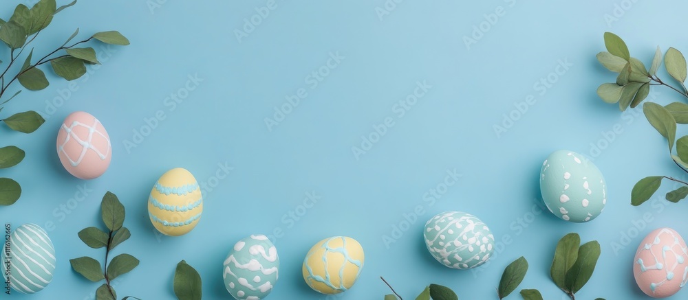 Poster elegant easter eggs with intricate designs surrounded by green foliage on a soft blue background in 