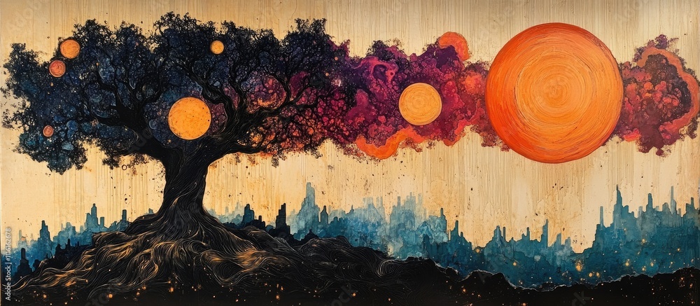 Aufkleber cosmic tree of life artwork blending nature and celestial elements in vibrant colors and abstract de
