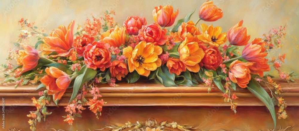Poster vibrant tulip bouquet design in warm colors adorned on a rustic wooden table creating an inviting fl