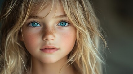Fototapeta premium Blonde girl with striking blue eyes and natural beauty against a soft background showcasing innocence and youthful charm