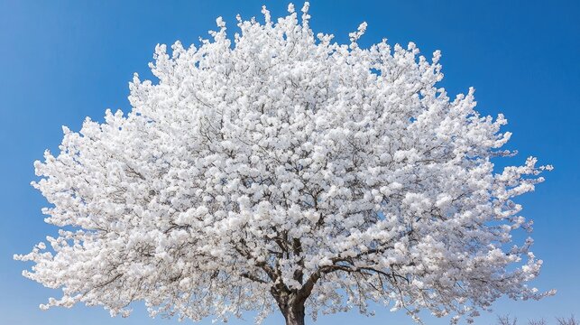 White ipe tree in full bloom with vibrant white flowers against a clear blue sky, emphasizing the tree's shape and bright colors, nature, spring season, botanical beauty.