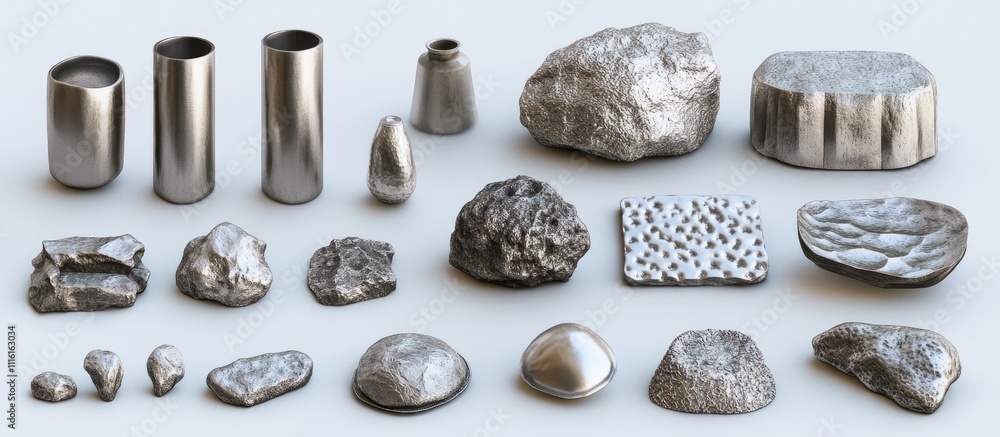 Poster variety of silver textures and items displaying different forms and finishes of silver materials in 