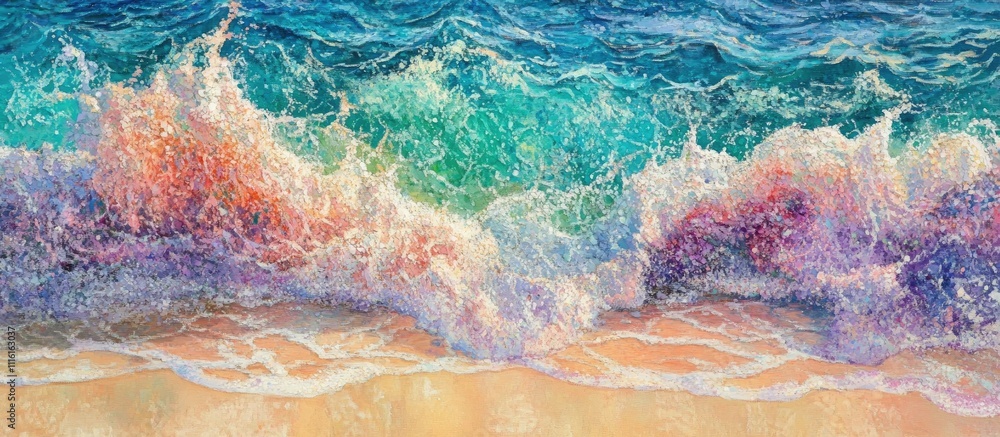 Poster vibrant ocean waves crashing on a sandy beach with colorful foam and intricate water textures creati