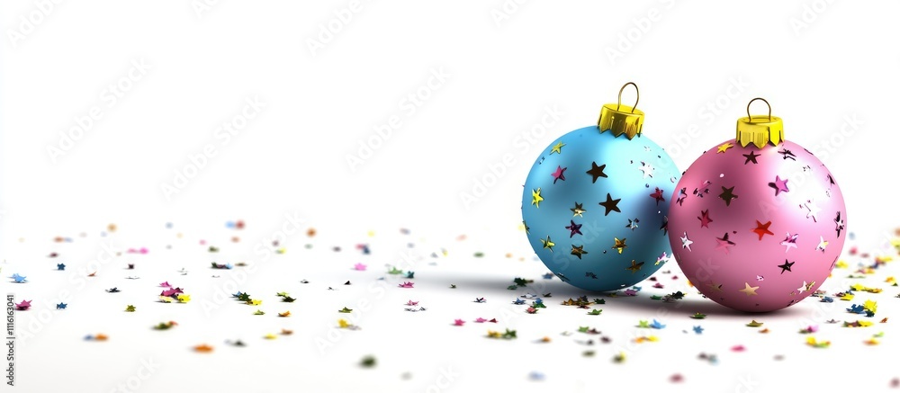 Poster decorative colorful baubles with star patterns and confetti on a pristine white background for festi