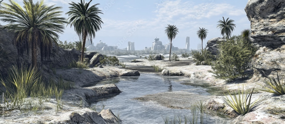 Aufkleber serene beach landscape with palm trees and stream in a coastal environment