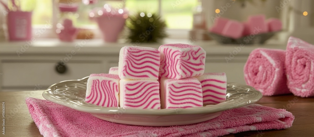 Poster retro plate of pink and white marshmallows on a wooden table with decorative towels and soft backgro