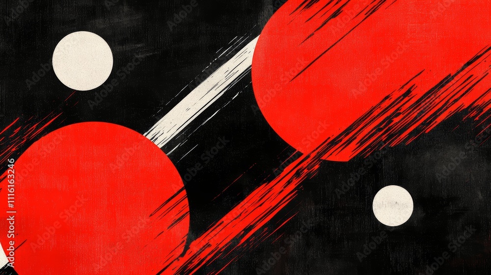Poster dynamic red and black abstract background with white circles, modern geometric design for creative p