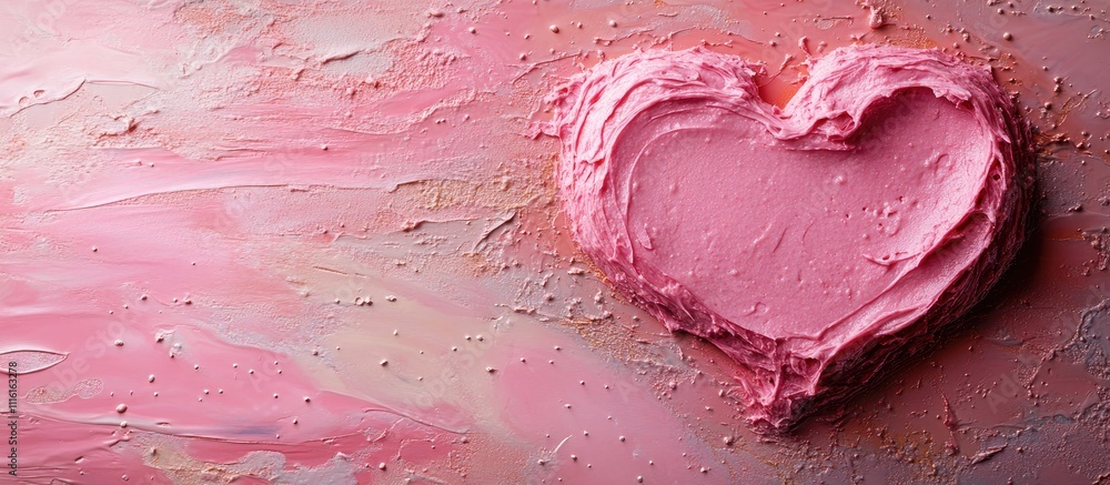 Poster pink cream spread in the shape of a heart on a textured surface showcasing creativity in culinary ap