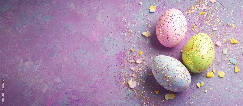 Poster Easter banner with shiny colored eggs arranged in a triangle on a violet background ideal for holiday greetings and seasonal decorations
