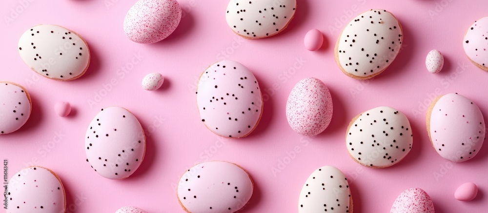 Poster colorful decorative cookies and eggs arranged on pink background for a playful baking concept perfec