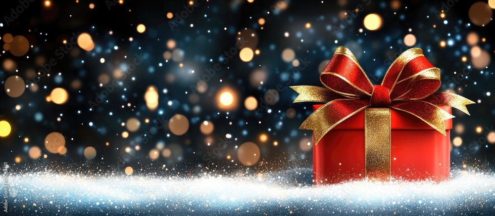 Poster Red Christmas gift box with gold ribbon on snow background adorned with soft bokeh lights creating a festive holiday atmosphere
