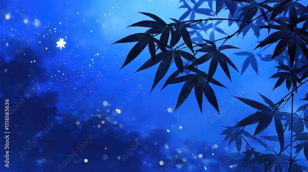 Aufkleber bamboo leaves in a serene blue setting, illuminated by soft light and glowing particles, creating a 