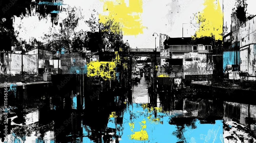 Aufkleber abstract urban landscape with black and white contrasts and vibrant color highlights creating a dyna
