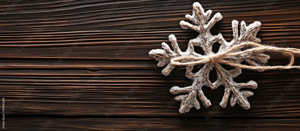 Poster rustic paper snowflake decoration with twine on wooden background creating natural festive atmospher