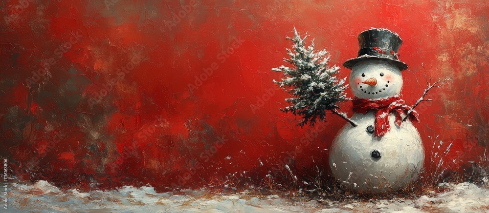 Poster snowman holding a small tree in a snowy winter scene with a vibrant red background celebrating the f