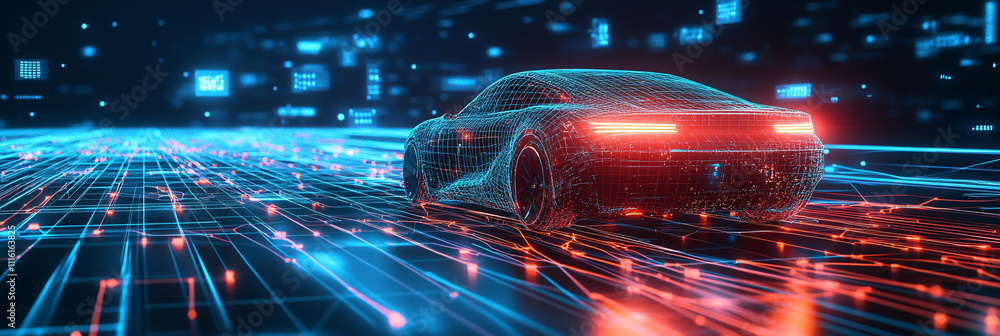 Poster a futuristic car icon composed of glowing neon lines, connected to a web of digital data points and 