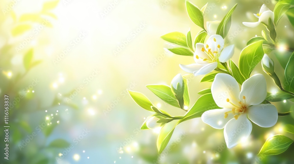 Poster jasmine plant leaves and flowers creating a serene nature background with soft sunlight and dreamy b