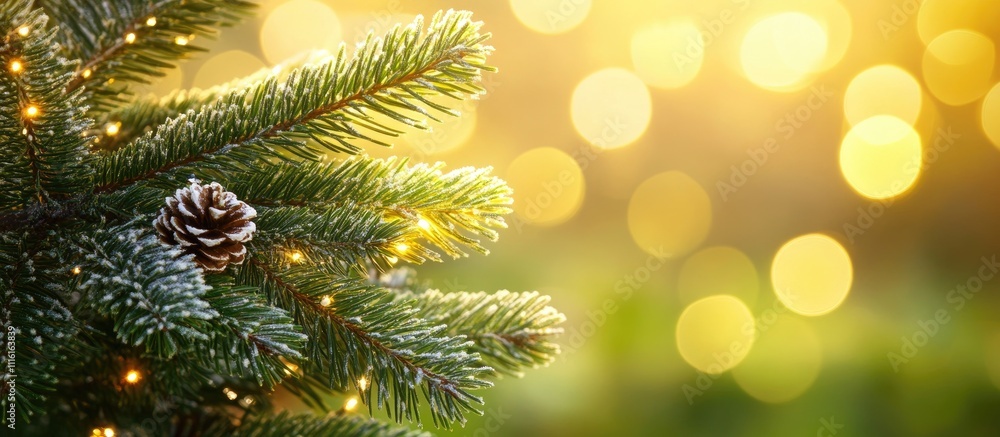 Poster spruce tree branch with pine cone against a blurred bokeh background featuring warm golden light and