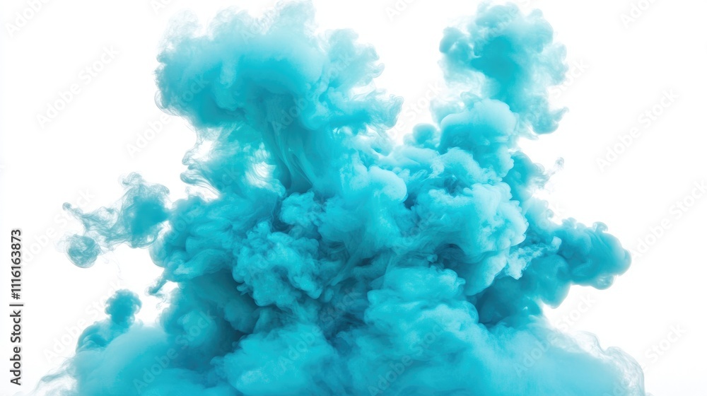 Poster Vibrant blue smoke swirling against a clean white background creating a dynamic and artistic visual effect.