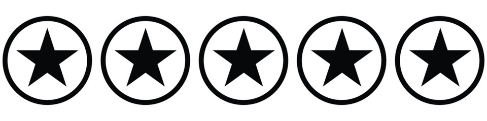 Five stars customer review icon for apps and websites. Set of five star icon collection. Yellow and black star symbol. Vector Illustration. Gold star icon . Design eps 10