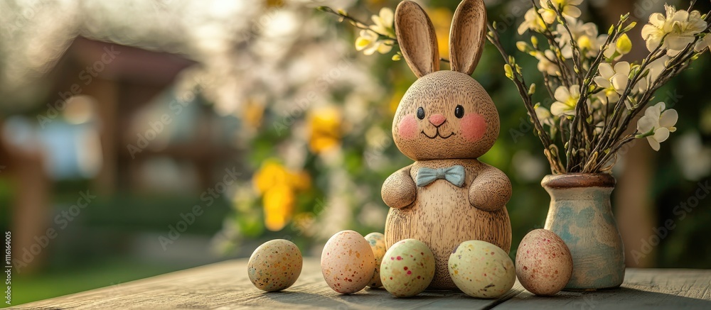 Poster easter bunny decoration with willow branches and pastel eggs on a table surrounded by a soft blurred