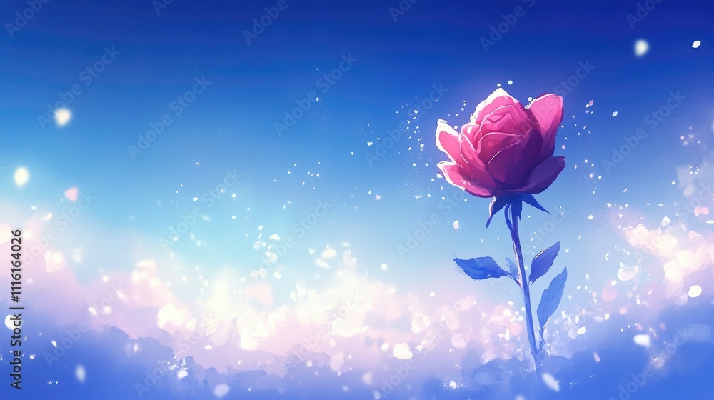Poster elegant pink rose bud illuminated against a serene blue background with soft glowing bokeh effects c