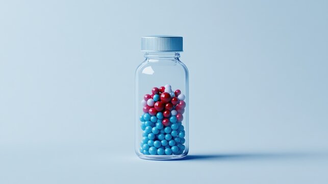 Transparent medication bottle filled with colorful pills on a soft blue background for health and wellness imagery