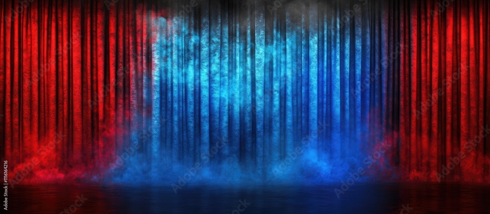 Poster theatrical stage backdrop with red and blue lighting effects creating an atmospheric mist for dramat