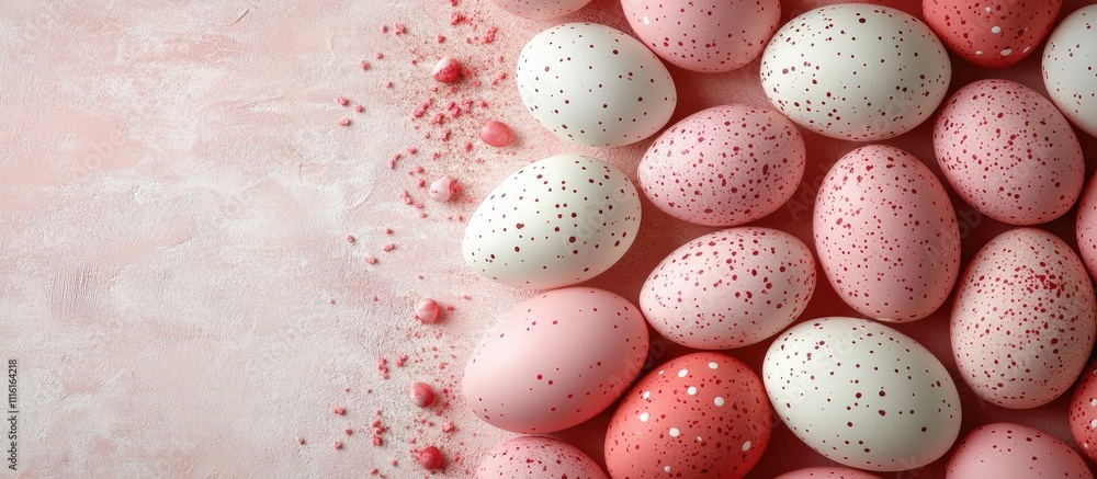 Poster pink themed decorated eggs for celebration overhead view with copy space for text mockup festive bac