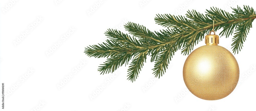 Poster golden christmas ornament hanging on pine tree branch with space for text on the left ideal for fest