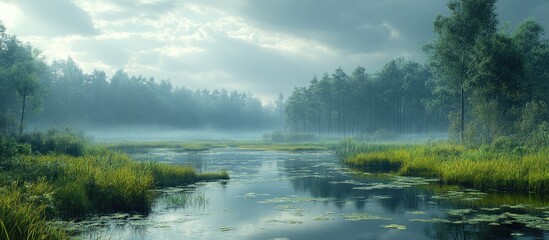 Fototapeta premium Serene landscape of a nature reserve under overcast skies with mist rising above a tranquil body of water and lush greenery.