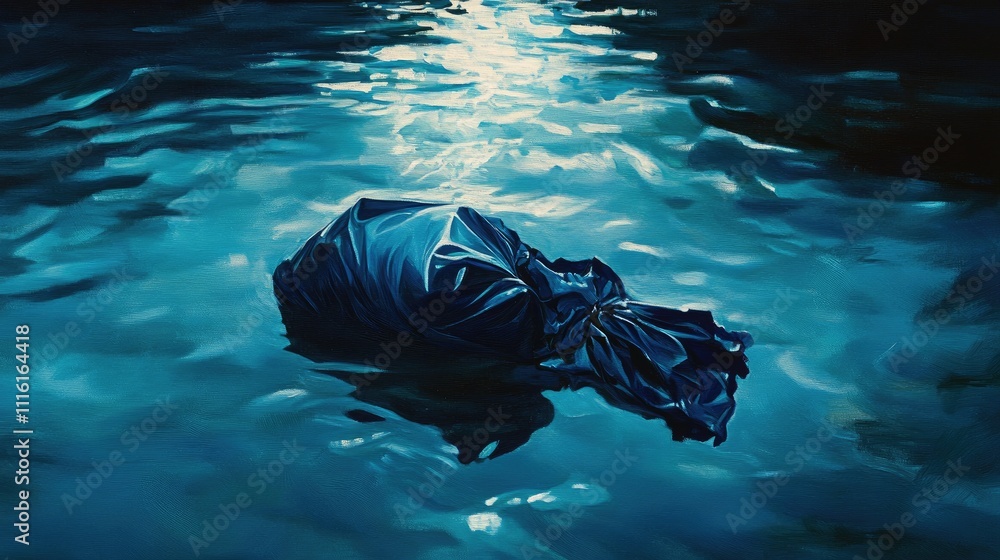 Aufkleber Reflective serene water surface with a dark blue object floating, creating a tranquil yet intriguing atmosphere in a night setting.