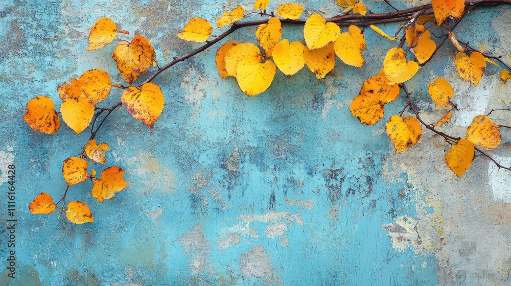 Aufkleber autumn leaves on a textured blue background with space for text or design elements in a creative lay
