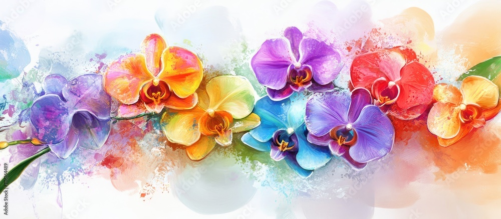 Poster vibrant blooming orchids in a colorful watercolor design with festive greetings and elegant handwrit